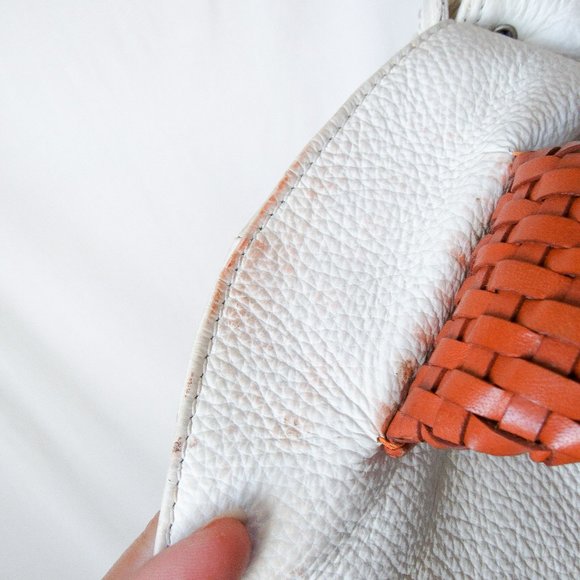 PAOLO MASI Italian Two-Tone Leather Braided Handle Pebbled White Leather/ Large - Picture 3 of 14